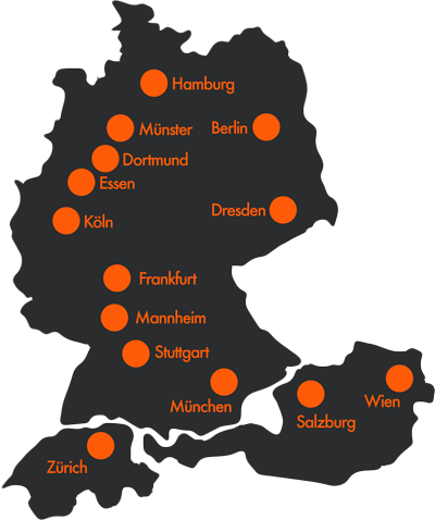 Karte von Deutschland, Österreich und der Schweiz mit markierten Städten